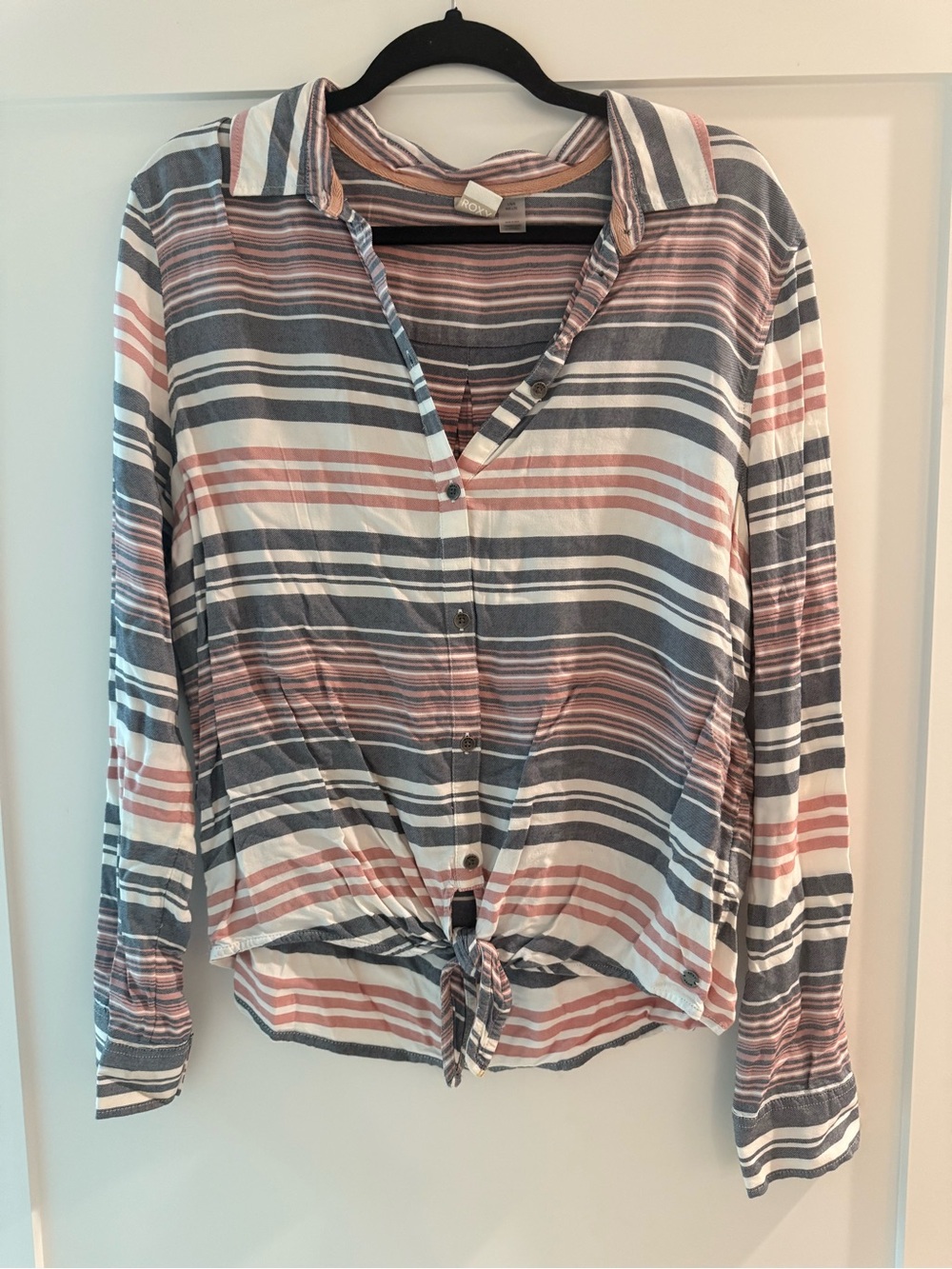 Roxy Striped Tie-Front Button-Down Top - Pink, Gray & White